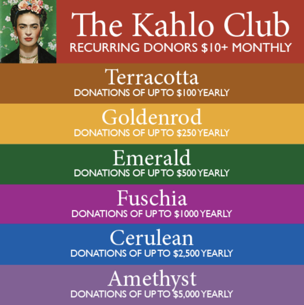 Donor Levels Graphic - The Kahlo Club - Newark Arts Alliance