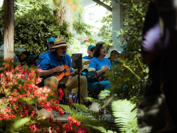 photo of people playing ukulele in a garden