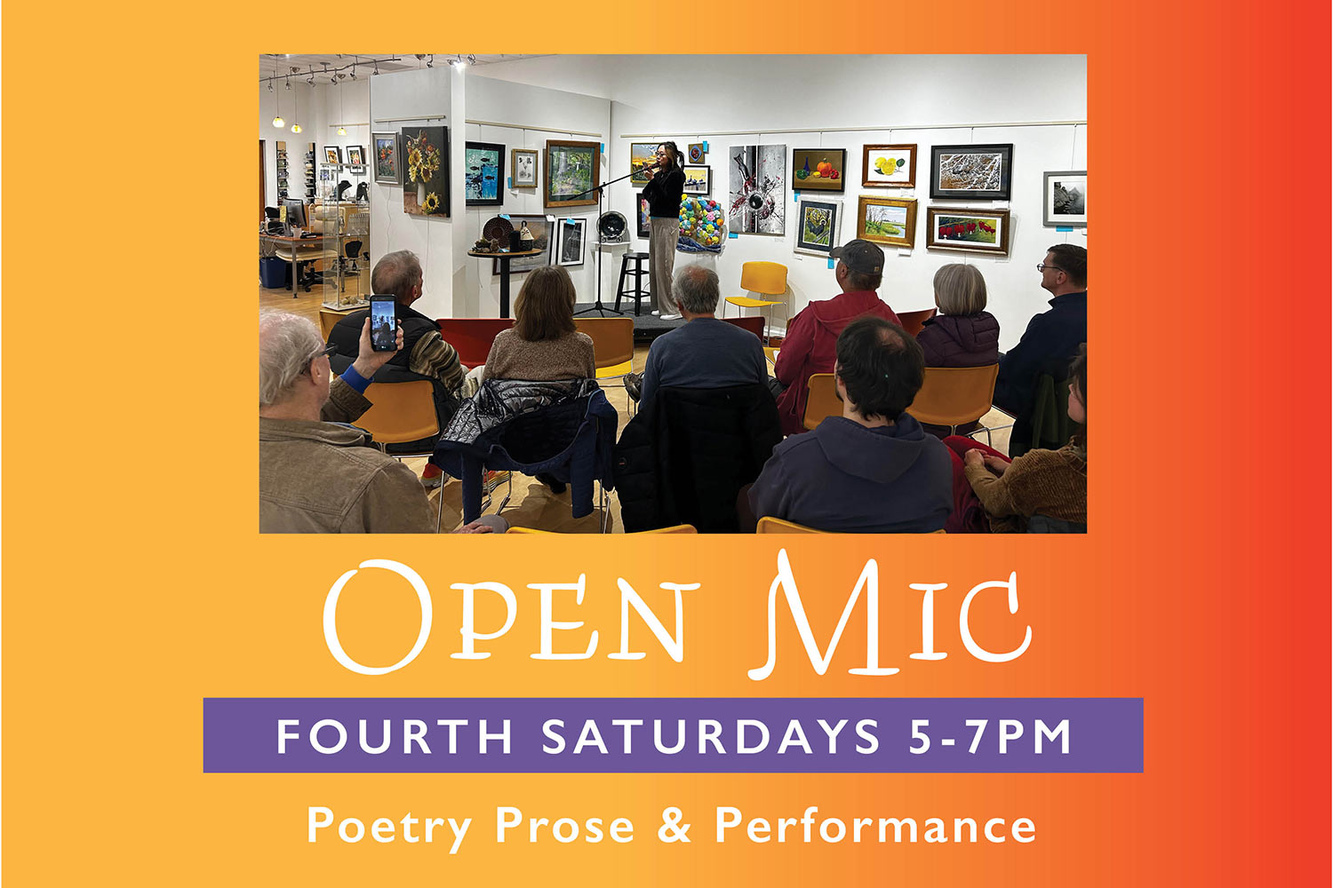 Graphic image with text Open Mic 4th Saturdays 5-7pm
