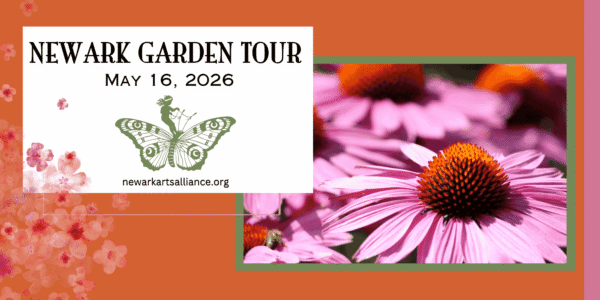 Graphic for the Newark Garden Tour, 2026, featuring a dark orange background and pink echinacea flowers