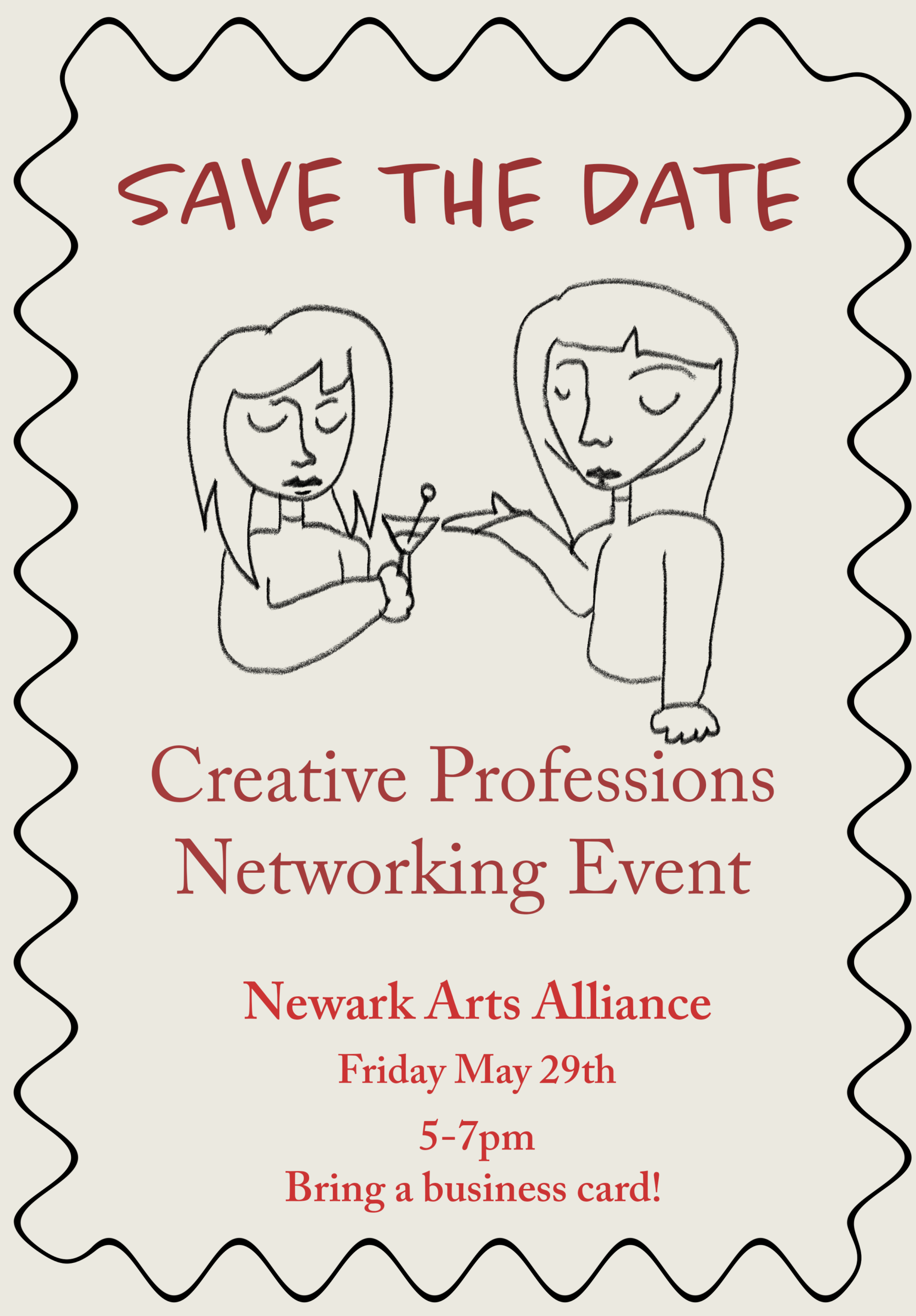 Creative Professionals Networking Event graphic - Save the Date, Friday, May 29 from 5-7pm at the Newark Arts Alliance.